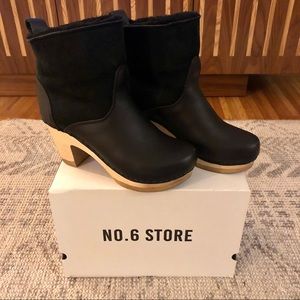No.6 5" Shearling Clog Boot, High Heel Black Suede